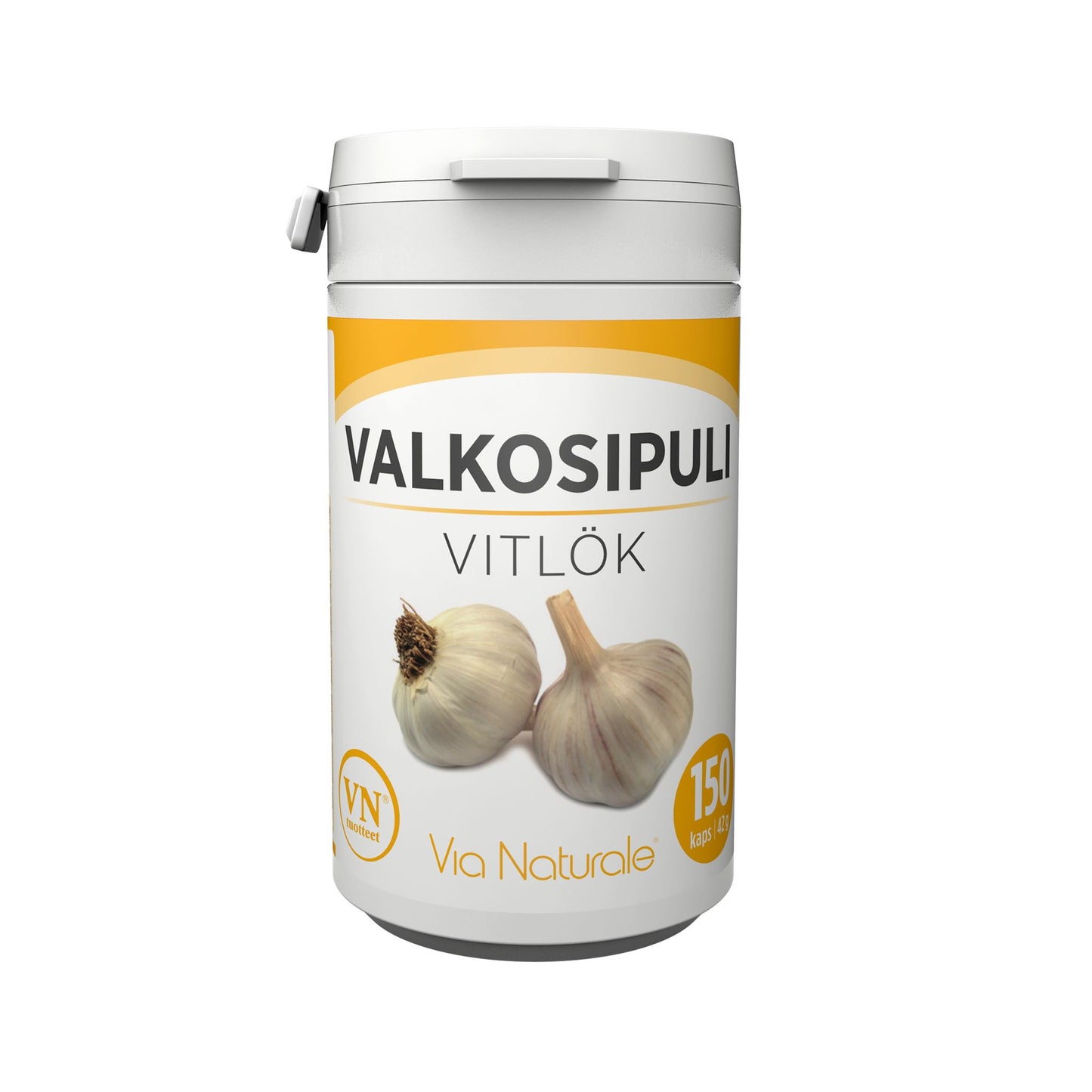 VALKOSIPULI VITLÖK -astia, valkoinen ja keltainen muoviastia mattapinnalla, sylinterimäinen muoto ja kierrekansi; etiketissä kuvia kahdesta valkosipulinkynttä ja tuotenimi lihavoidulla tekstausvapaalla fontilla; teksti sisältää "VALKOSIPULI VITLÖK", "150 capsules", "Via Naturale" sekä maininnan valkosipuliuutteesta; ei ihmisiä tai käsiä näkyvissä; tausta yksinkertainen.