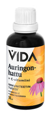A bottle of VIDA Auringonhattu + C-vitamiini liquid supplement featuring an orange label with an echinacea flower, and Finnish text highlighting natural immune support. The bottle is dark-colored glass with a white plastic screw cap, cylindrical shape, glossy surface. The orange label wraps fully around, with sans-serif text in white and darker orange. Product sits on a plain white background. No people or hands visible. Studio lighting is even.