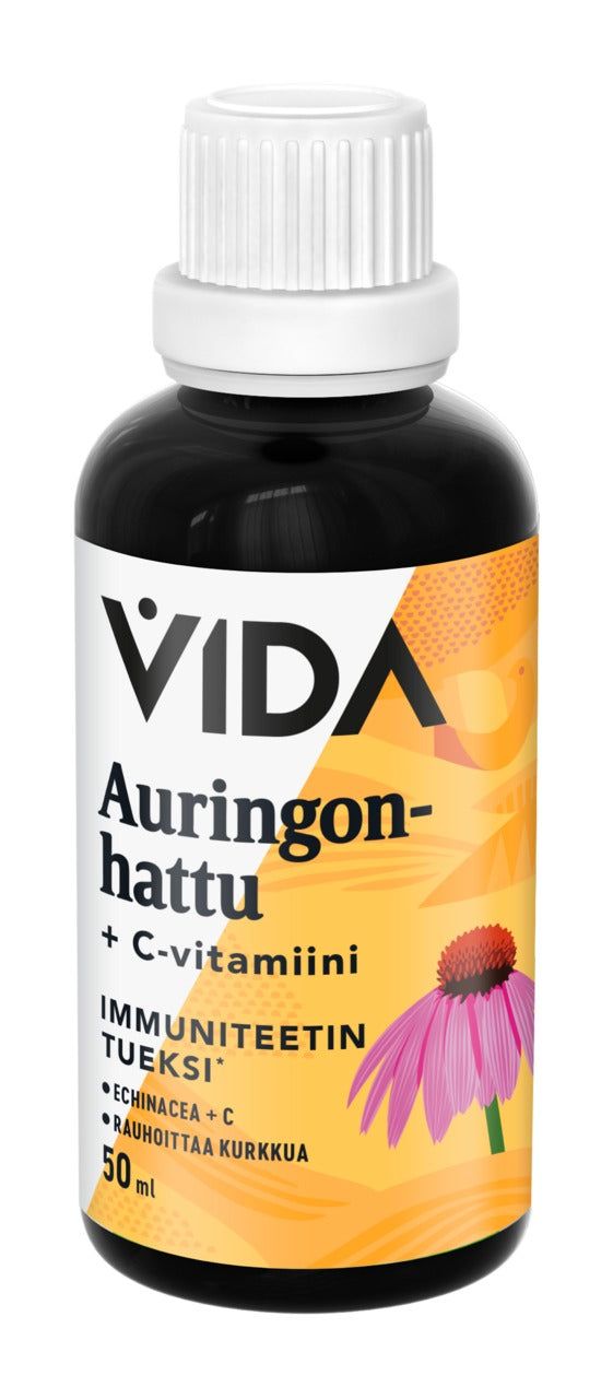 A bottle of VIDA Auringonhattu + C-vitamiini liquid supplement featuring an orange label with an echinacea flower, and Finnish text highlighting natural immune support. The bottle is dark-colored glass with a white plastic screw cap, cylindrical shape, glossy surface. The orange label wraps fully around, with sans-serif text in white and darker orange. Product sits on a plain white background. No people or hands visible. Studio lighting is even.
