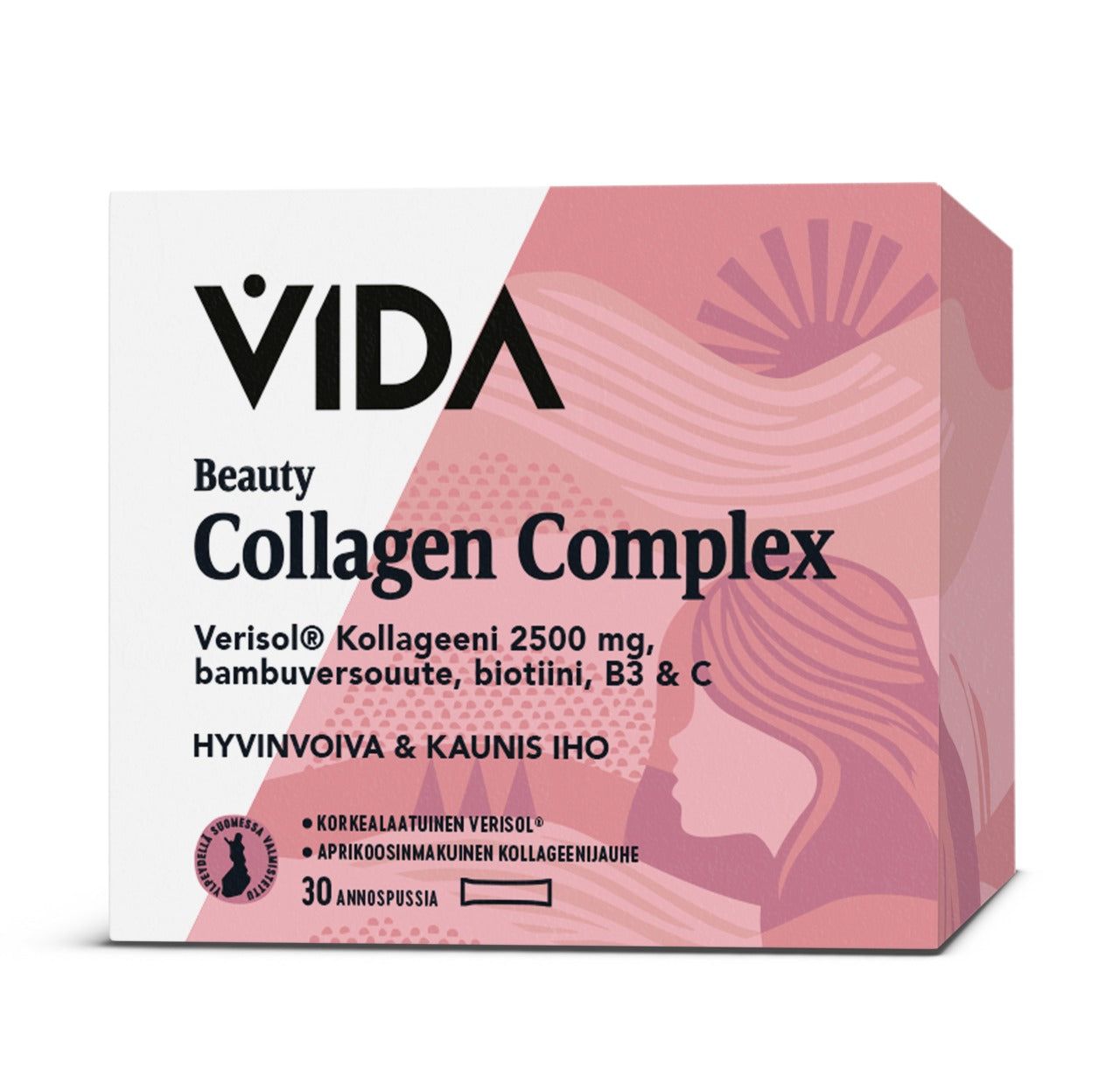 A pink and white box of VIDA Beauty Collagen Complex is displayed. The box is rectangular with a matte finish, featuring a stylized face illustration and a sunburst graphic. The label text lists ingredients: Verisol collagen, bamboo extract, biotin, vitamins B3 and C. Sans-serif fonts are used on the packaging. No people or hands are shown; background is plain white.