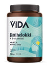A brown plastic bottle with a glossy finish; the label reads VIDA Jättihelokki + E-vitamiini in bold, sans-serif lettering and displays teal graphics, Finnish text, and an illustration of a woman with flowing hair and a yellow flower. The product is upright against a plain background in a centered product shot. No people or hands are visible.
