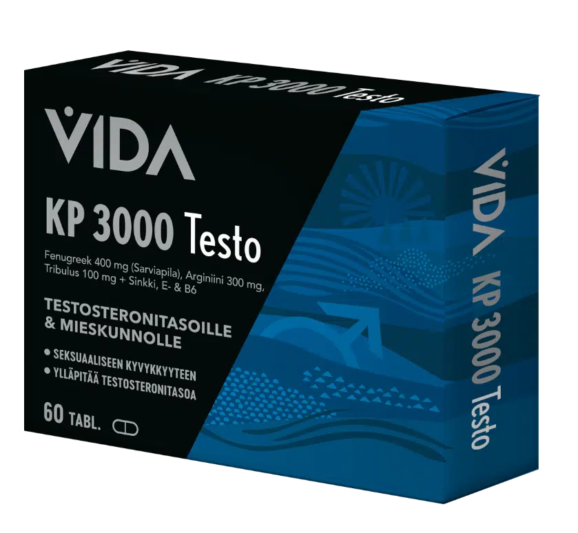 Vida KP 3000 Testo; suorakulmainen pahvipakkaus, musta-sininen väritys mattapinnalla; tuotenimi lihavoituna valko-sinisenä groteskikirjasimena, pienempi valkoinen lisäteksti; etiketissä lukee "VIDA KP 3000 Testo", testosteronituotantoa tukeva ravintolisä suomeksi kuvattuine ainesosineen ja hyötyineen; sisältää 60 tablettia; ei ihmisiä tai käsiä näkyvissä; yksivärinen tausta, tuote keskellä kuvaa.
