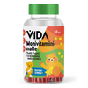 Vida Monivitamiininalle Tutti Frutti 60 kpl, purkki jossa vihreä kansi ja hedelmien keskellä vilkuttava nallehahmo
