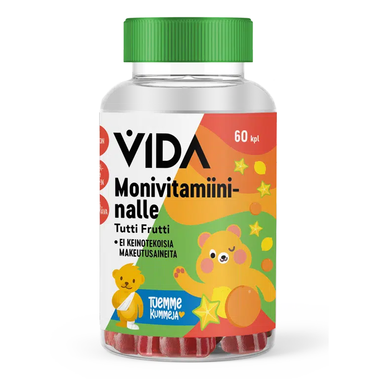 Vida Monivitamiininalle Tutti Frutti 60 kpl, purkki jossa vihreä kansi ja hedelmien keskellä vilkuttava nallehahmo