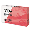 Vida Punariisi + Q10; rasia tekstillä "VIDA Punariisi + Q10" -ravintolisää, sisältää 60 kapselia; pakkaus kirkkaanpunainen mattapinnalla, abstrakteja geometrisia kuvioita ja yksityiskohtainen sudenkorentokuvitus; etuosassa suomenkielistä tekstiä sekä näkyvästi "Q10"; rasia suorakulmainen; ei näkyviä ihmisiä tai toimintaa; koentsyymi Q10 korostettu keskeisenä ainesosana.