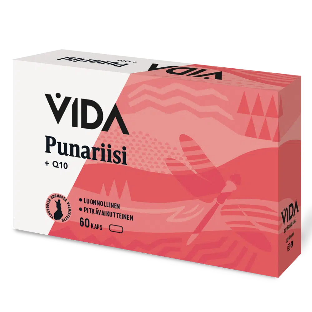 Vida Punariisi + Q10; rasia tekstillä "VIDA Punariisi + Q10" -ravintolisää, sisältää 60 kapselia; pakkaus kirkkaanpunainen mattapinnalla, abstrakteja geometrisia kuvioita ja yksityiskohtainen sudenkorentokuvitus; etuosassa suomenkielistä tekstiä sekä näkyvästi "Q10"; rasia suorakulmainen; ei näkyviä ihmisiä tai toimintaa; koentsyymi Q10 korostettu keskeisenä ainesosana.