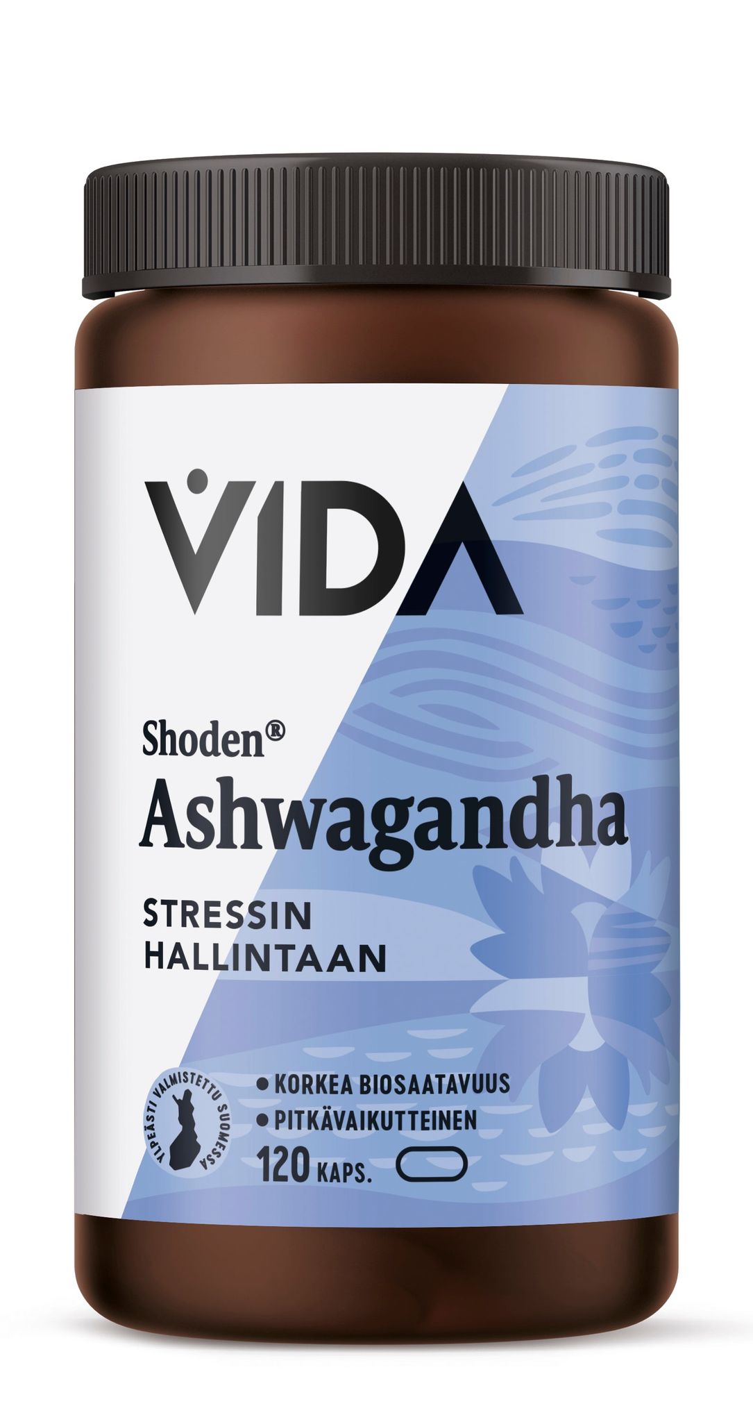 A brown plastic bottle of VIDA Shoden Ashwagandha capsules with a white and blue matte label. Label has a sans-serif font, includes Finnish text on stress management and high bioavailability, states 120 capsules. The bottle is cylindrical with a screw cap. Background is plain white; no people or other objects present.