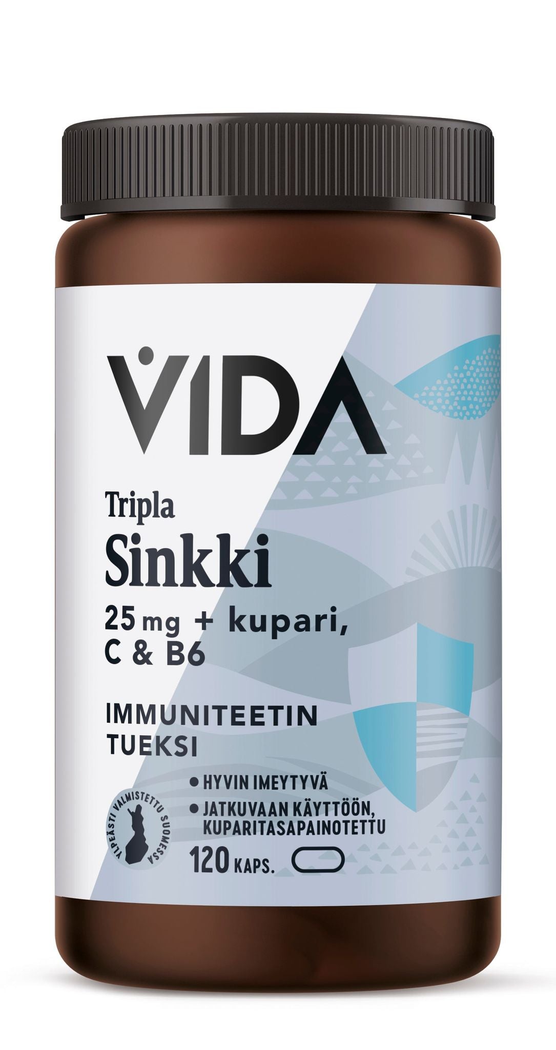 A brown plastic bottle with a matte finish, cylindrical shape, and screw cap. Label has bold sans-serif text and shows abstract blue shapes with shield icons. A brown plastic bottle labeled VIDA Tripla Sinkki contains 120 capsules for immune support, featuring 25 mg zinc plus copper, vitamin C, and B6. The product is set against a plain white background in a centered studio shot.