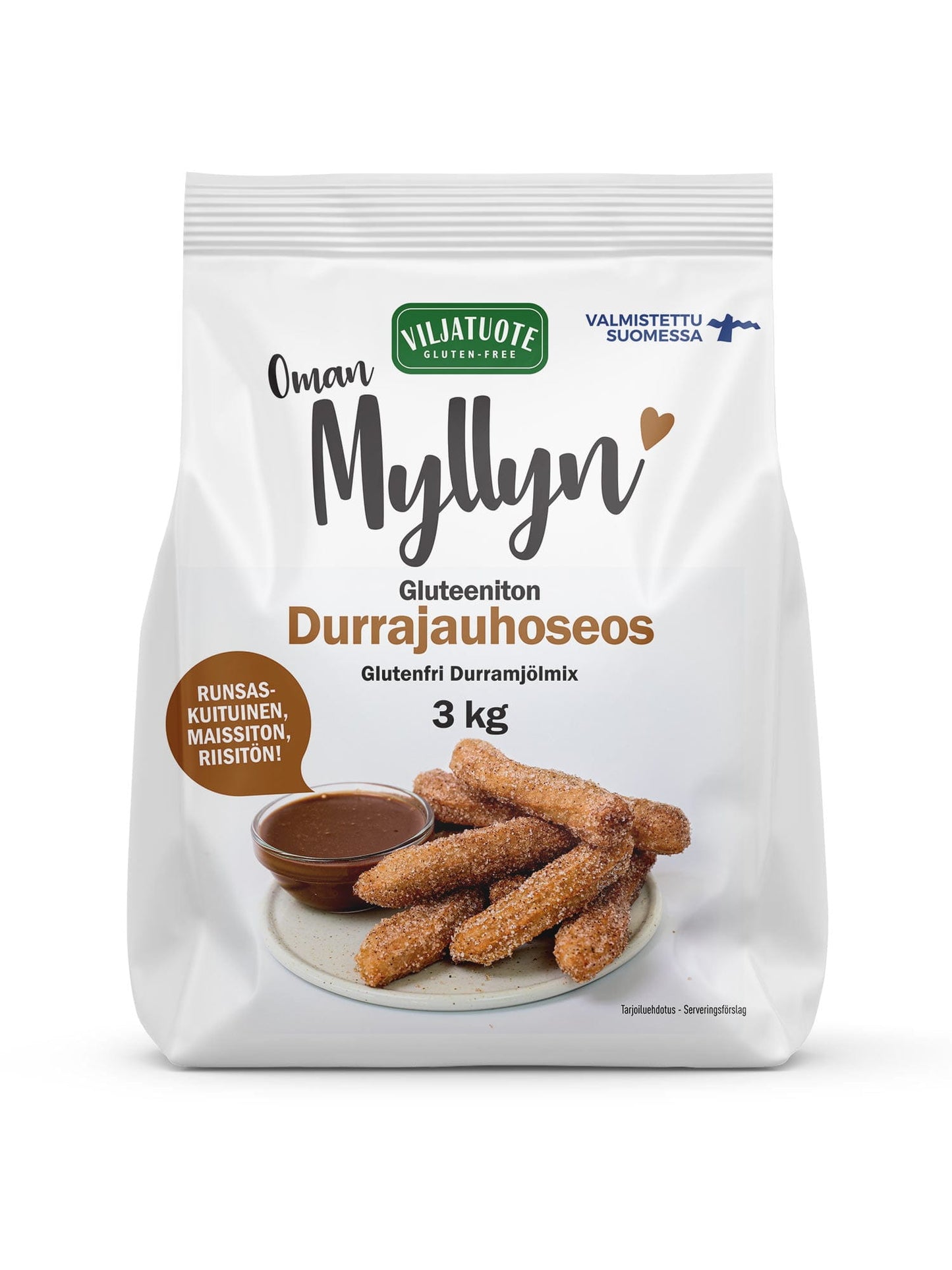 Valkoinen Omav Myllyn gluteenittoman durrajauhoseoksen pussi, 3 kg, suomenkielistä tekstiä ja brändäystä; mattapintainen pakkaus suorakaiteen muotoinen tasaisella pohjalla; etusivulla valokuva churroksista lautasella tumman kastikkeen kera; lihavoitu groteski- ja serifikirjasin näyttää tuotetiedot suomeksi; tausta neutraali, ei ihmisiä tai käsiä näkyvissä, lähikuva tuotteesta.