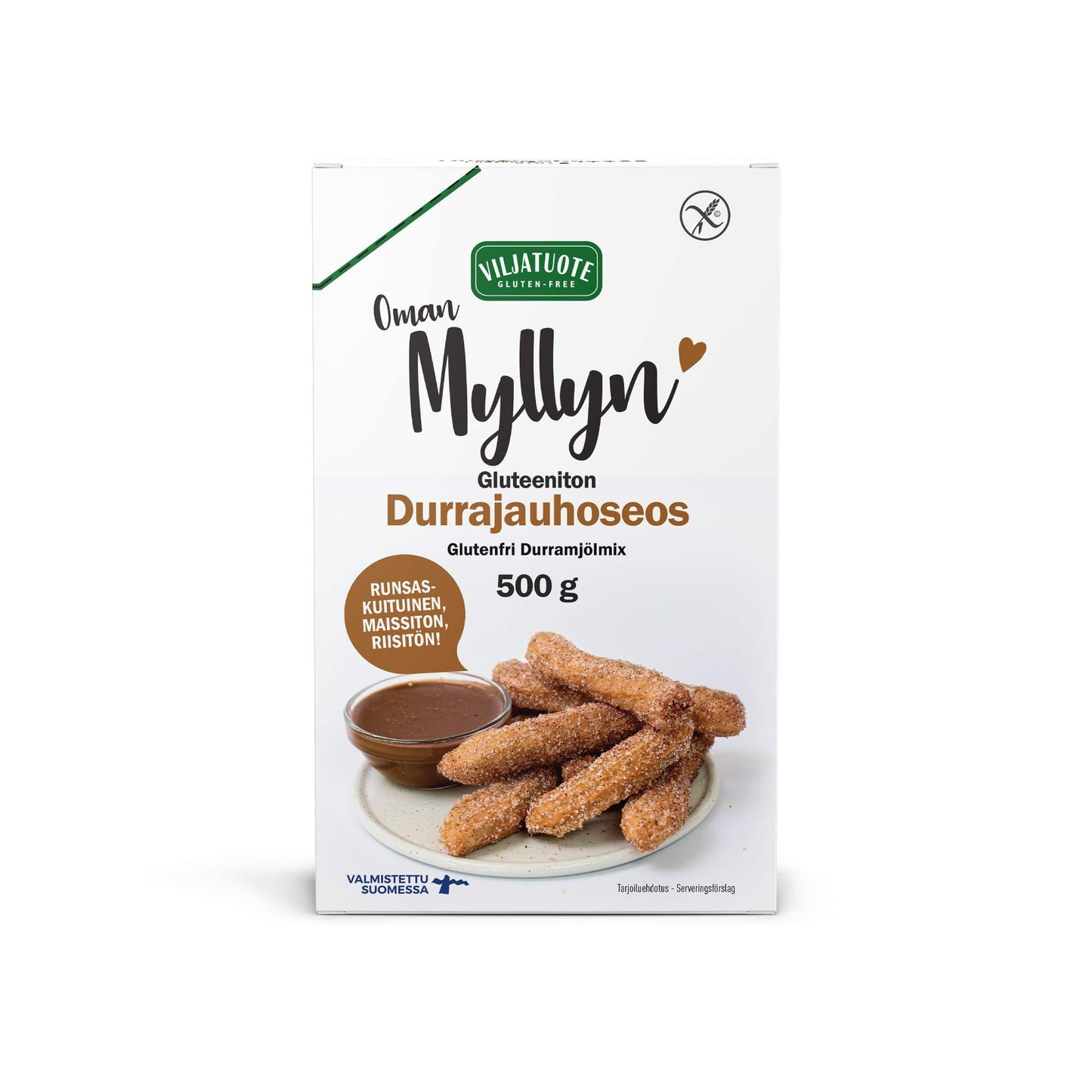 Valiatuote Oman Myllyn gluteenittoman durrajauhoseoksen laatikko, 500g, etusivulla churrokset ja suklaakastike; pakkaus suorakaiteen muotoinen mattapinnalla ja pääväriltään keltainen; luettava teksti sisältää sanan gluteeniton ja mainitsee suomalaisen alkuperän; tausta valkoinen, kuva lähikuva, ei ihmisiä tai käsiä näkyvissä.