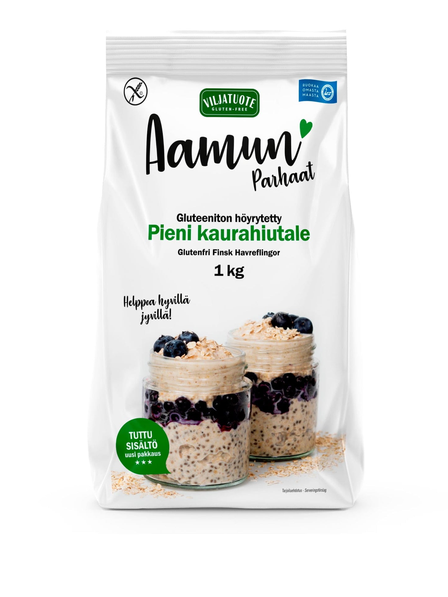 Virtasalmen Viljatuote Gluteeniton Höyrytetty Pieni Kaurahiutale, 1 kg; valkoinen pakkaus Aamun Parhaat Pieni Kaurahiutale -gluteenittomia kaurahiutaleita; kannessa kuva kahdesta purkista täynnä puuroa ja mustikoita; suorakulmainen mattapintainen pussi, sinistä ja kultaista groteskitekstiä suomeksi; vaalea tausta, ei ihmisiä tai käsiä, tavanomainen tuotekuva.