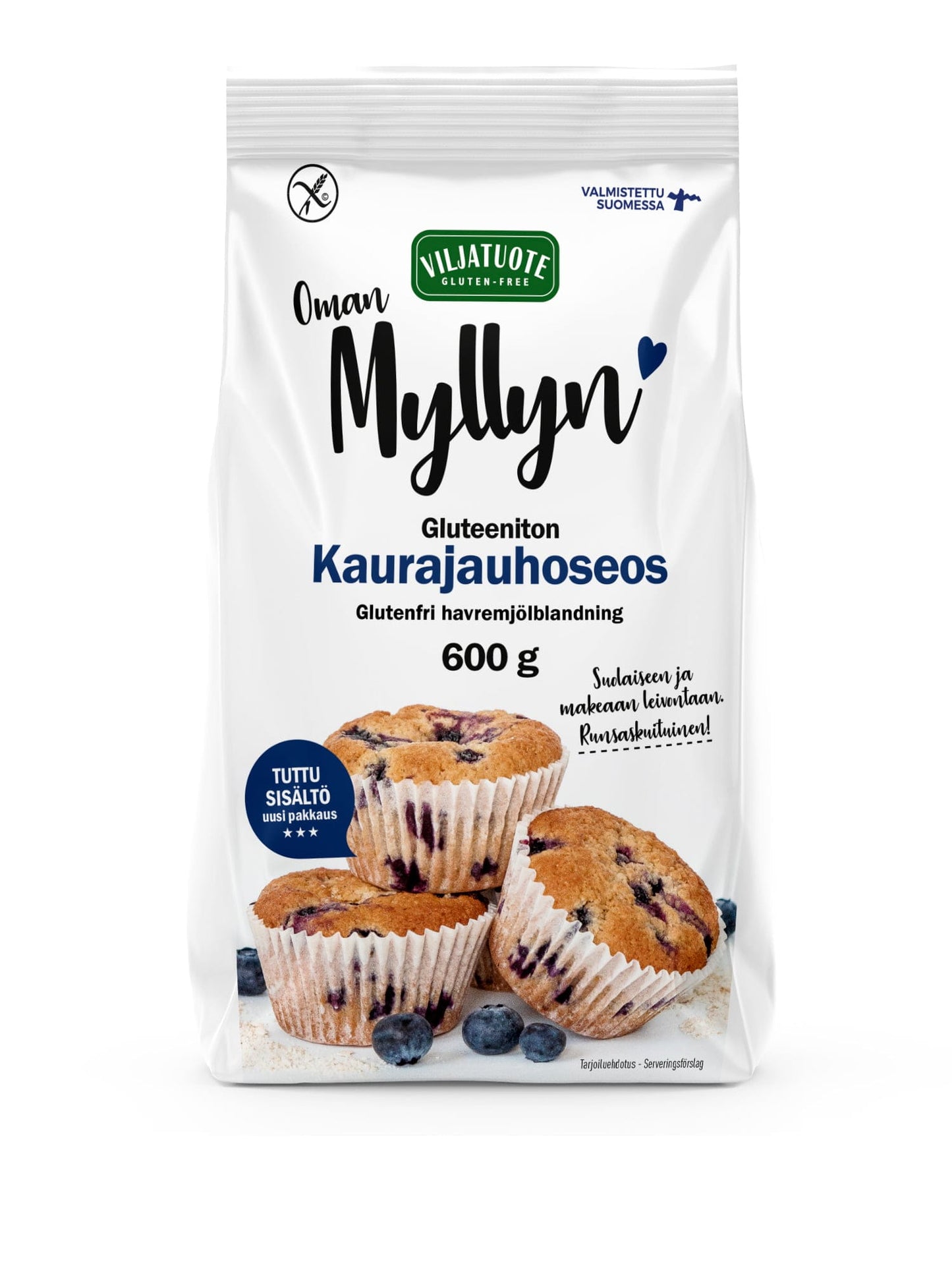 Virtasalmen Viljatuote Gluteeniton Kaurajauhoseos, 600 g; valkoinen pussi gluteenitonta kaurajauhoseosta; kannessa kuvia muffineista ja mustikoista; suomenkielinen teksti sinisin korostuksin ja sininen sydänkuvio brändinimen vieressä; moderni groteskityypografia; mattapintainen pystyssä seisova pakkaus; valkoinen tausta, ei ihmisiä tai toimintaa näkyvissä.