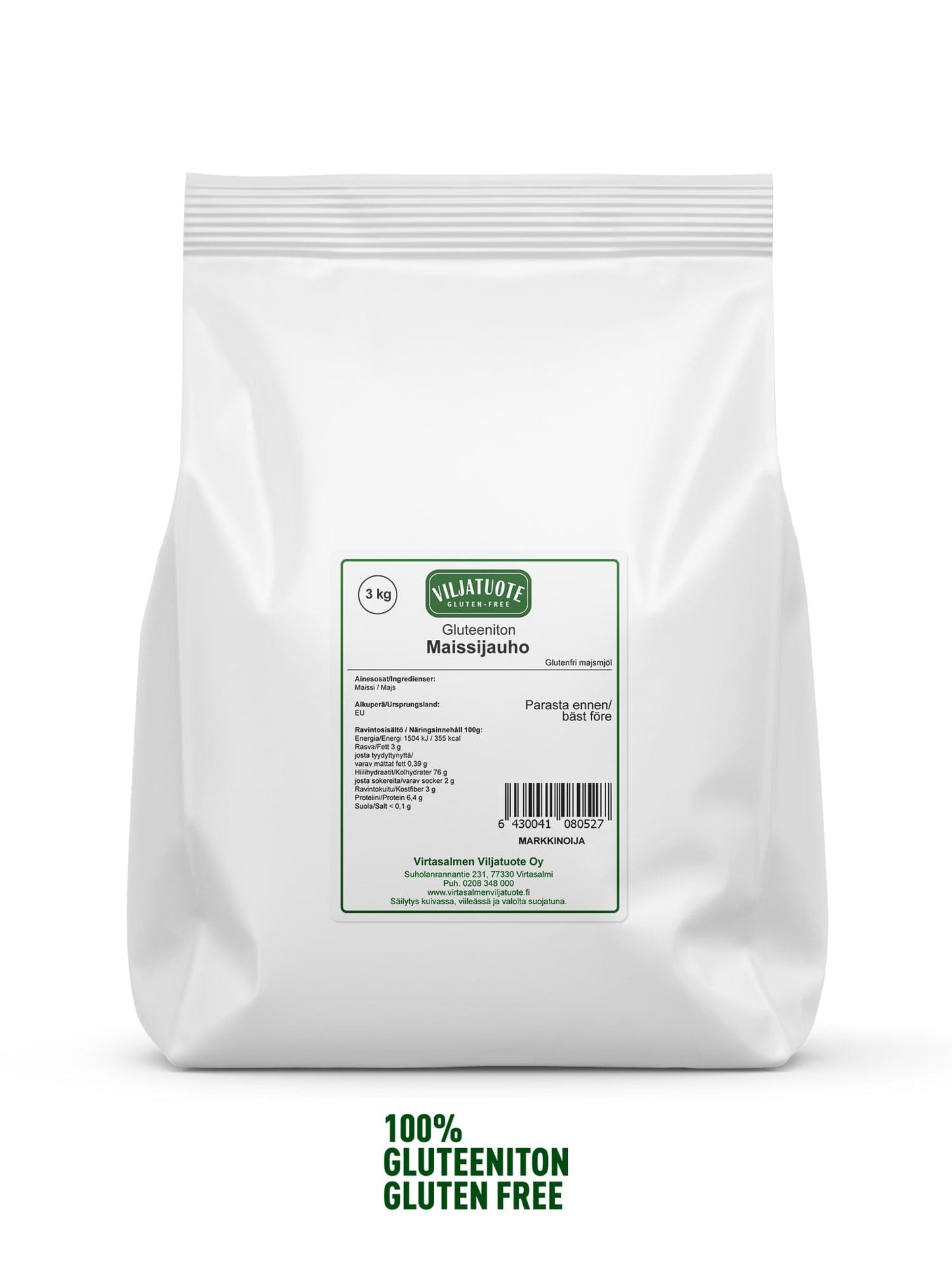 Virtasalmen Viljatuote Gluteeniton Maissijauho, 3 kg; valkoinen pussi kaksikielisellä suomi-englanti-etiketillä valkoisella taustalla; suorakulmainen paperipussi, mattapinta, pystyasento; etiketin teksti selkein suurin kirjaimin; pussin alla vihreä teksti "100% GLUTENITON GLUTEN FREE"; ei ihmisiä tai käsiä näkyvissä.