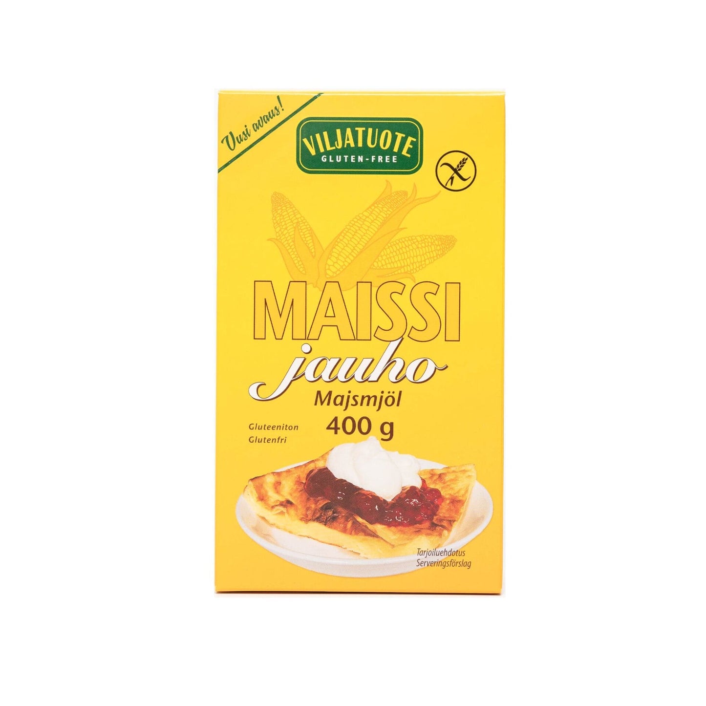 Virtasalmen Viljatuote Gluteeniton Maissijauho, 400 g; keltainen pahvilaatikko mattapinnalla ja suorakulmaisena; kannessa värikkäitä maissikuvituksia ja valokuva hillolla ja kermalla koristellusta pannukakusta; tuotenimi ja paino suurella lihavoidulla groteskikirjasimella; neutraali studiotausta, ei ihmisiä tai käsiä näkyvissä.