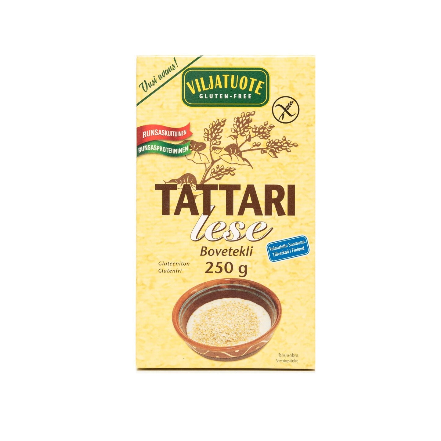 250 g:n laatikko Viljatuotteen gluteenitonta tattarileseä, merkitty Tattari lese, jossa on kuva tattarileseestä kulhossa ja tattarikasvien kuvituksia eloisalla keltaisella taustalla. Suorakulmainen pahvilaatikko on mattapintainen ja pääosin keltainen. Etikettiteksti on selkeällä pääteviivattomalla fontilla. Ihmisiä tai käsiä ei näy; kuva on otettu edestä pelkistettyä taustaa vasten.