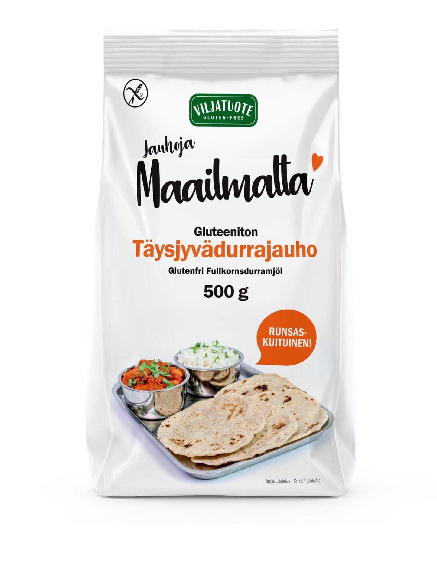 Viljatuote-merkkinen gluteenittoman täysjyväisen durrajauhon pussi, 500 g, etusivulla kuva litteistä leivistä, chutneyistä ja vihanneksista lautasella; pääosin valkoinen pakkaus vihreällä ja oranssilla tekstillä; pussi mattapintainen suorakaiteen muotoinen ja pystyssä seisova; typografia groteskia; ei ihmisiä tai käsiä näkyvissä; tausta neutraali ilman erottuvia yksityiskohtia.