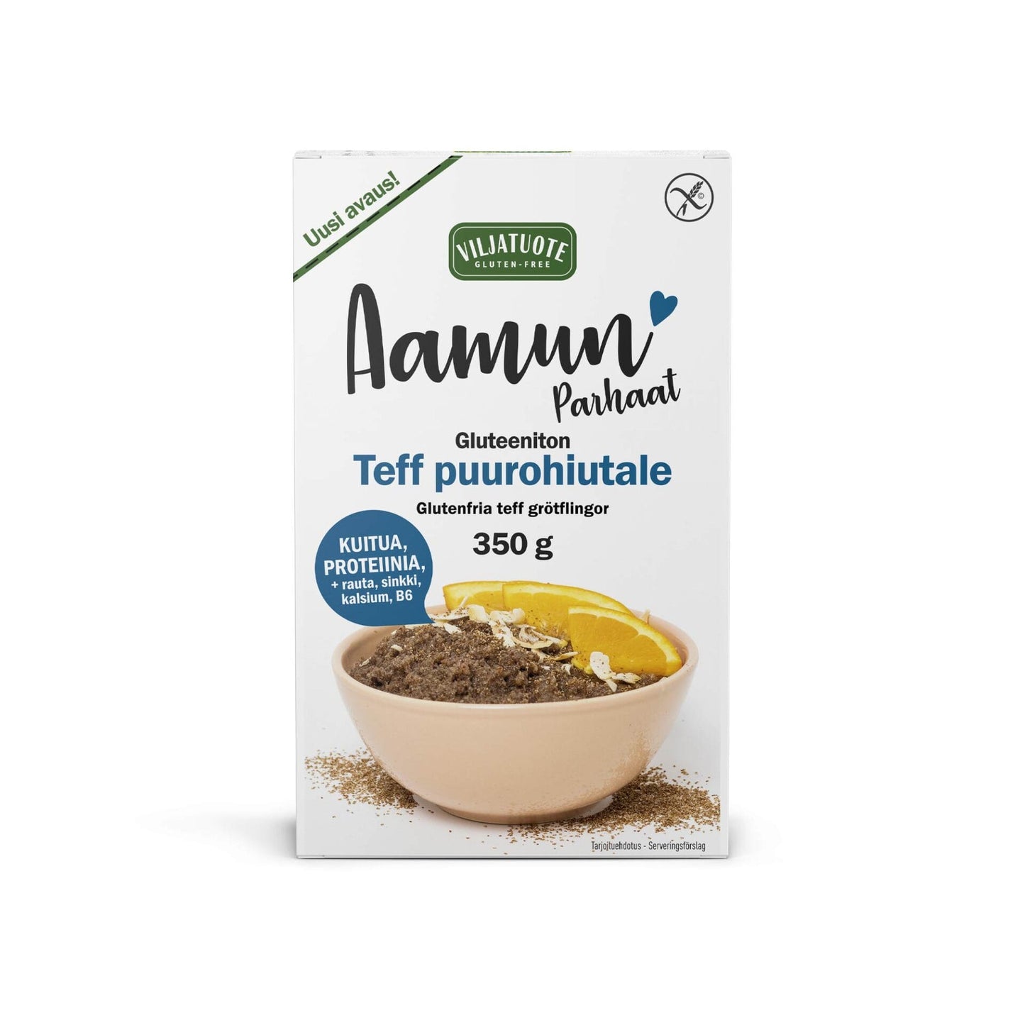 Virtasalmen Viljatuote Gluteeniton Teff Puurohiutale; Aamun Parhaat -sarjan teff-puurohiutalelaatikko; kannessa kuva puurosta siemenillä, banaaniviipaleilla ja keltaisilla hedelmillä koristeltuna; pystyssä seisova suorakulmainen mattapintainen laatikko; selkeä groteskikirjasin päätekstissä; ei ihmisiä tai käsiä, yksivärinen tuotekuva studiovalaistuksessa.