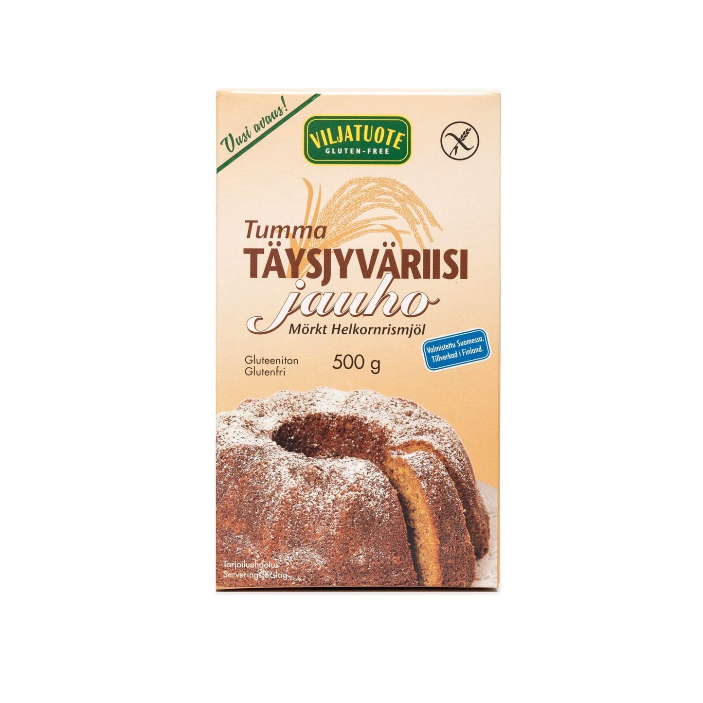 Virtasalmen Viljatuote Gluteeniton Tumma Täysjyväriisijauho, 500 g; beige laatikko, jossa ruskeita ja vihreitä yksityiskohtia ja mattapinta; kannessa kuva kranssikakusta; tuotteen nimi ja paino lihavoidulla groteskikirjasimella; ei ihmisiä tai käsiä näkyvissä; kuva yksivärisellä taustalla.