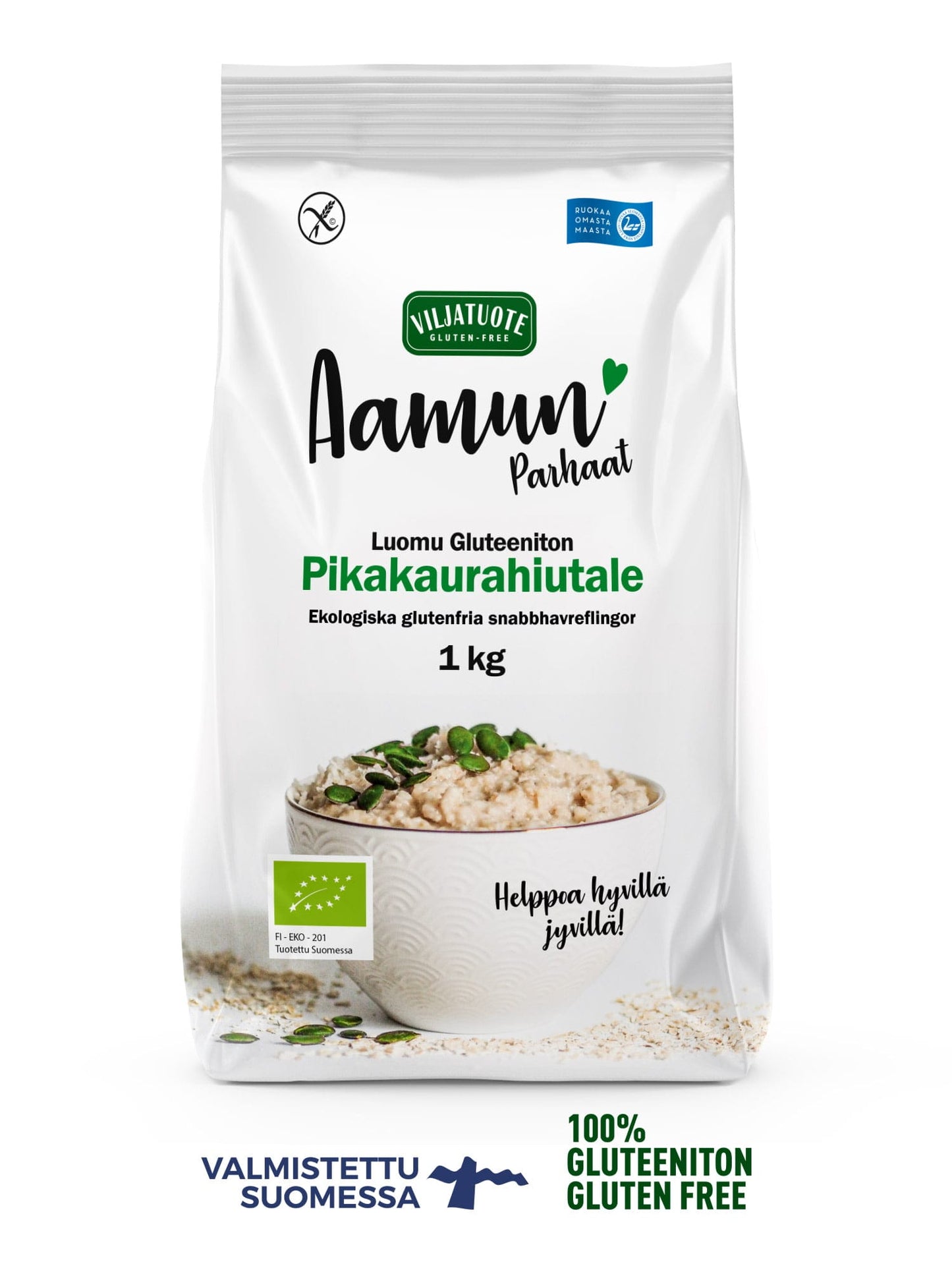 Virtasalmen Viljatuote Luomu Gluteeniton Pikakaurahiutale, 1 kg; valkoinen pussi luomua ja gluteenitonta pikakaurahiutaletta, suomenkielinen teksti; mattapintainen suorakulmainen pakkaus; kannessa valokuva kaurapuurosta kulhossa siemenillä ja lehdillä koristeltuna; groteskikirjasin tuotetiedoissa; merkinnät "made in Finland", "1 kg" ja "100% gluten-free"; neutraali tausta, ei ihmisiä tai käsiä näkyvissä.