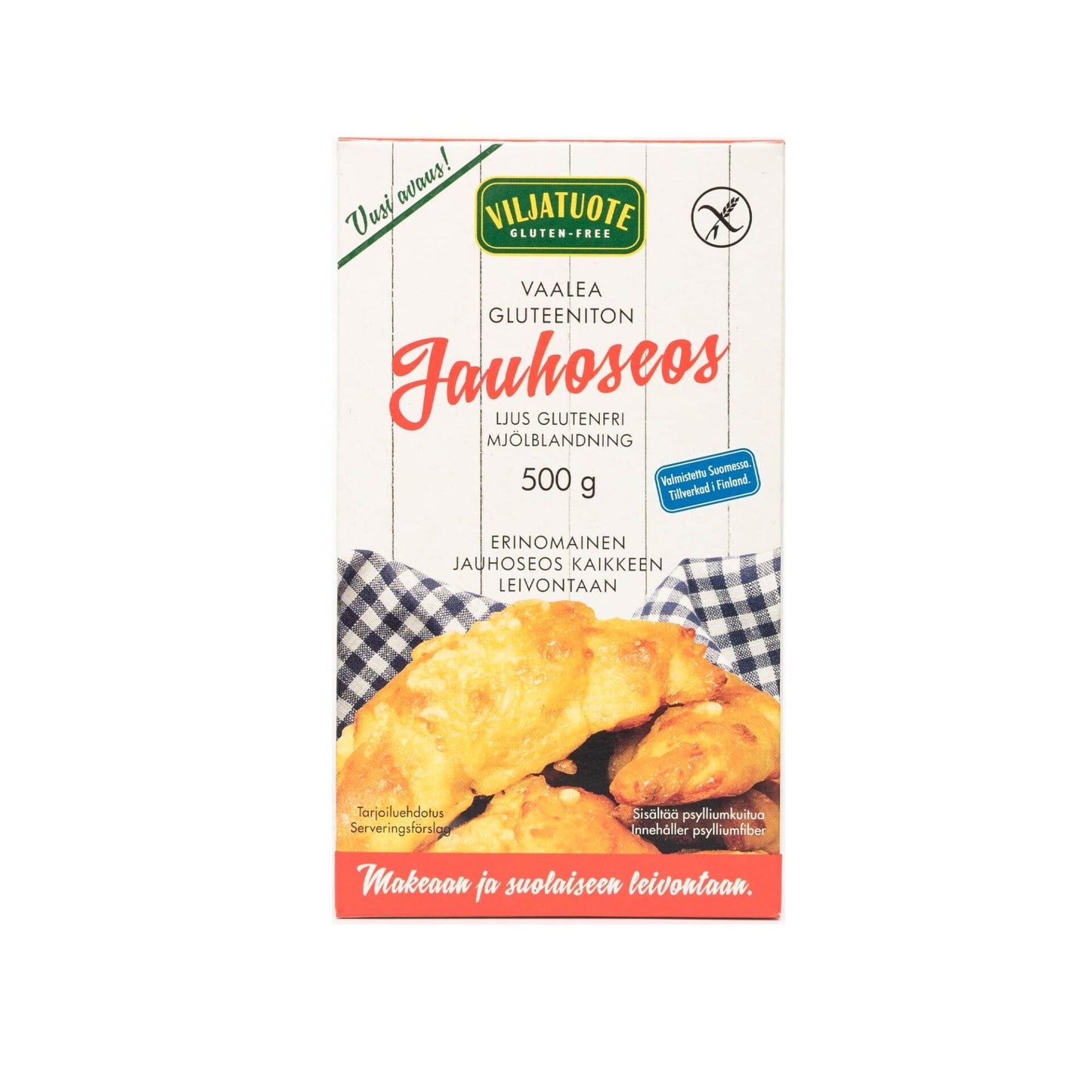 Viljatuote-merkkinen gluteenittoman jauhoseoksen laatikko, 500 g, suomenkielisin tekstein ja kuvalla herkullisista leivonnaisista sinisruutuisella liinalla; pakkaus suorakaiteen muotoinen pahvia mattapinnalla; päävärit valkoinen ja sininen, lihavoitu groteskikirjasin brändinimelle; etusivun etiketissä tuotetiedot suomeksi leivonnaiskuvan yläpuolella; ei ihmisiä tai käsiä näkyvissä; tausta yksinkertainen ja neutraali, kuvattu silmän tasolta.