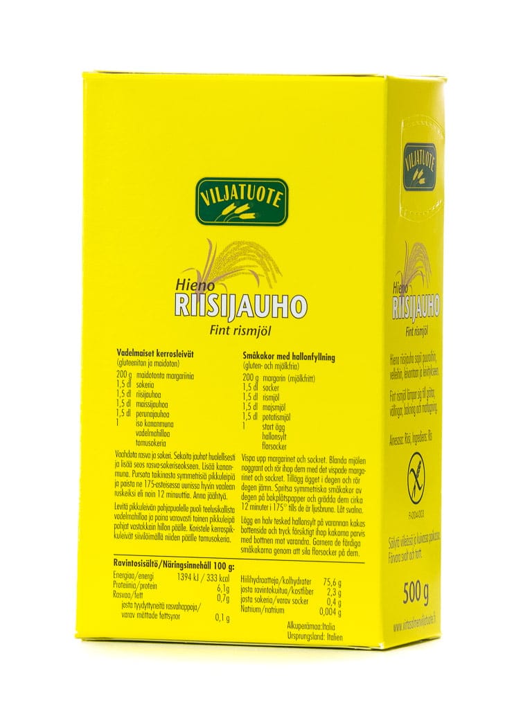 Keltainen 500 g:n Villjatuote-merkkisen riisijauhon laatikko, suorakaiteen muotoinen mattapahvipinnalla; pakkauksessa suomen- ja ruotsinkielistä tekstiä, tuotetietoja ja ravintosisältöä; palikka- ja groteskikirjasinta käytetty etiketissä; ei ihmisiä tai käsiä näkyvissä; tausta yksinkertainen ja siisti, tuote kuvattu edestä silmän tasolta.