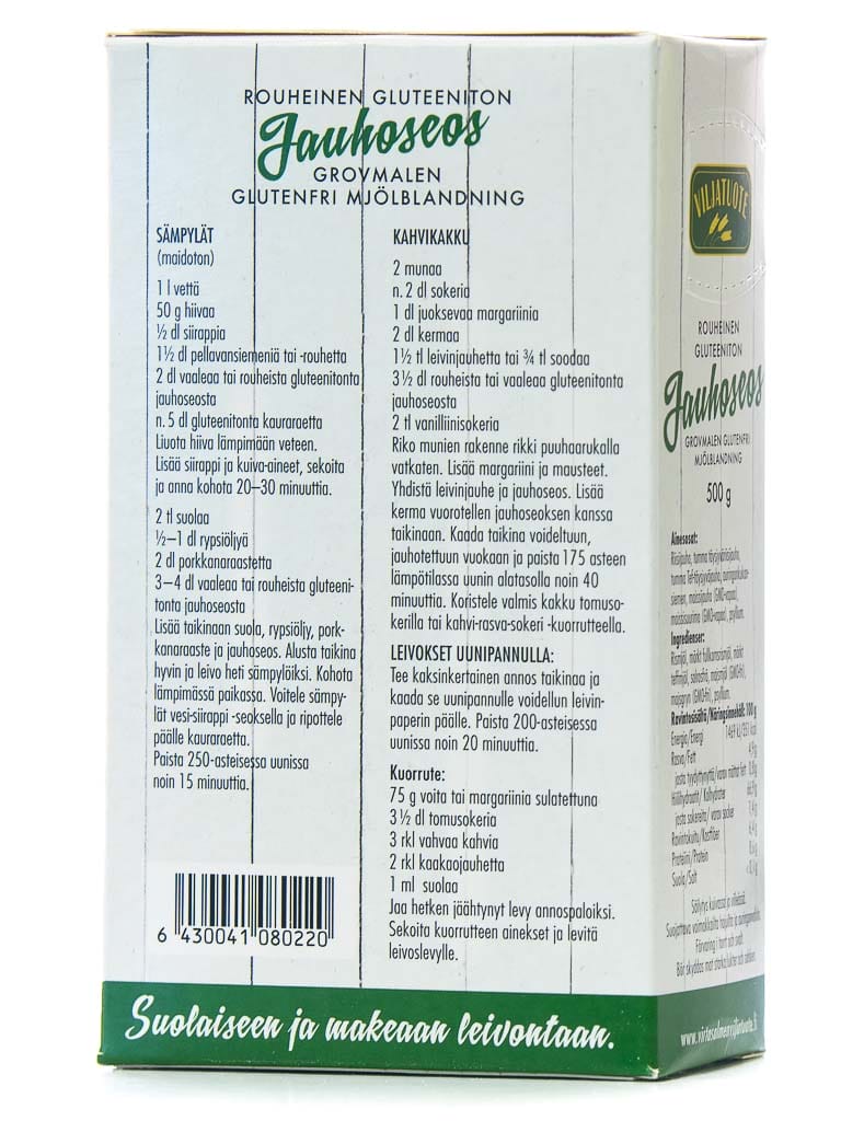 Kilniatuote-merkkisen gluteenittoman jauhoseoksen laatikko leivontaresepteineen ja ohjeineen suomeksi; suorakaiteen muotoinen, mattapintainen, valkoinen ja vihreä väritys, näkyvät tuotetiedot, viivakoodi yhdellä sivulla; pakkauksessa selkeä teksti sekä mustalla että vihreällä kirjasimella valkoisella pohjalla; ei ihmisiä tai käsiä näkyvissä; tausta neutraali, lähikuva.