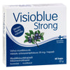 Visioblue Strong -mustikkauuteen kapselit, 60 kpl; suorakulmainen pakkaus, sininen-valkoinen mattapinta; pakkauksessa elävät mustikkakuvat ja lihavoitua suomenkielistä groteskitekstiä; vaalea tausta, ei ihmisiä.