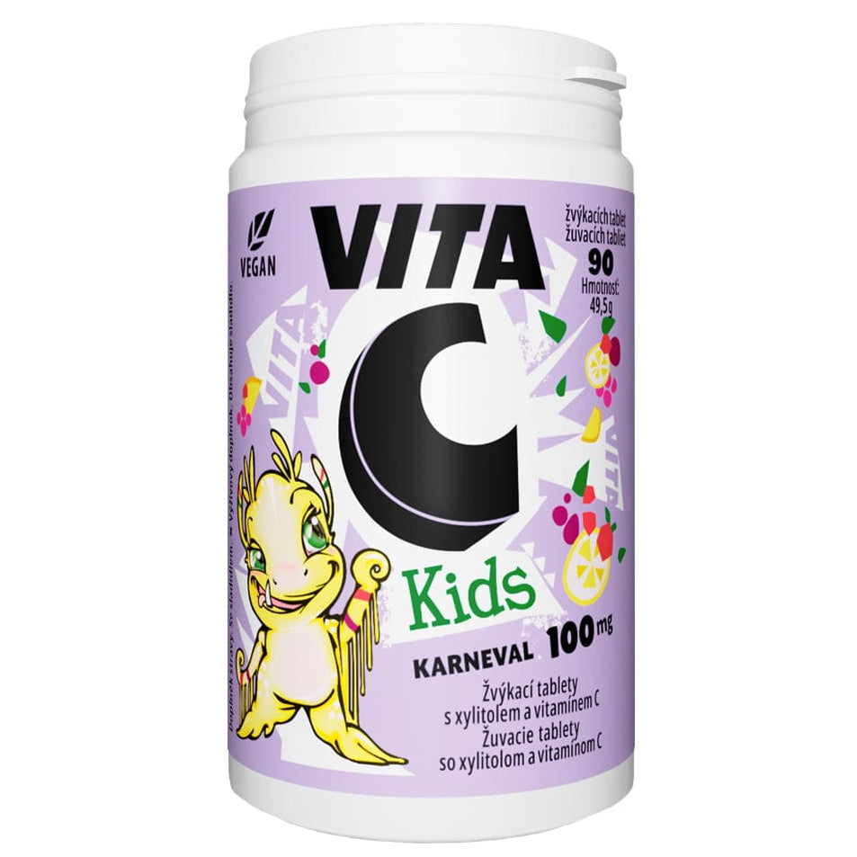 VITA C Kids -purtavien tablettien purkki, jonka valkoisessa ja violetissa etiketissä on piirretty lohikäärme, hedelmiä ja värikkäitä koristeita. Pyöreä muovipurkki on mattavalkoinen ja siinä on valkoinen kierrekorkki. Pääetiketissä on lihavoitua pääteviivatonta tekstiä. Etiketti kertoo tuotteen olevan vegaaninen ja sisältävän 90 tablettia (100 mg kutakin). Tuote on kuvattu kirkkaassa, tasaisessa valossa valkoista taustaa vasten; ihmisiä ei näy.