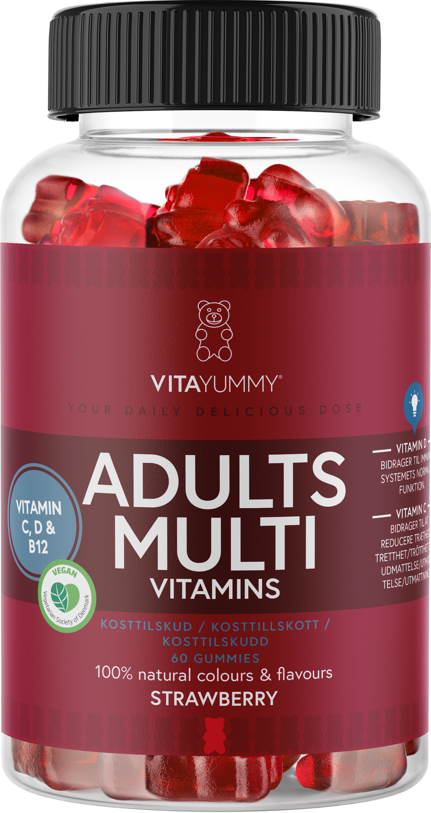 VitaYummy Adults Multivitamins, maku Strawberry; kirkas lieriömäinen muovipullo kiiltäväpinnalla, sisältää punaisia karhunmuotoisia purutabletteja; etiketissä teksti VitaYummy Adults Multi Vitamins, mansikan maku sekä maininnat vitamiineista C, D, B6 ja B12 sekä vegaanisertifioinnista; lihavoitu valkoinen groteskiteksti vaaleanpunaisella pohjalla; ei ihmisiä tai käsiä; kuvattu valkoisella taustalla.