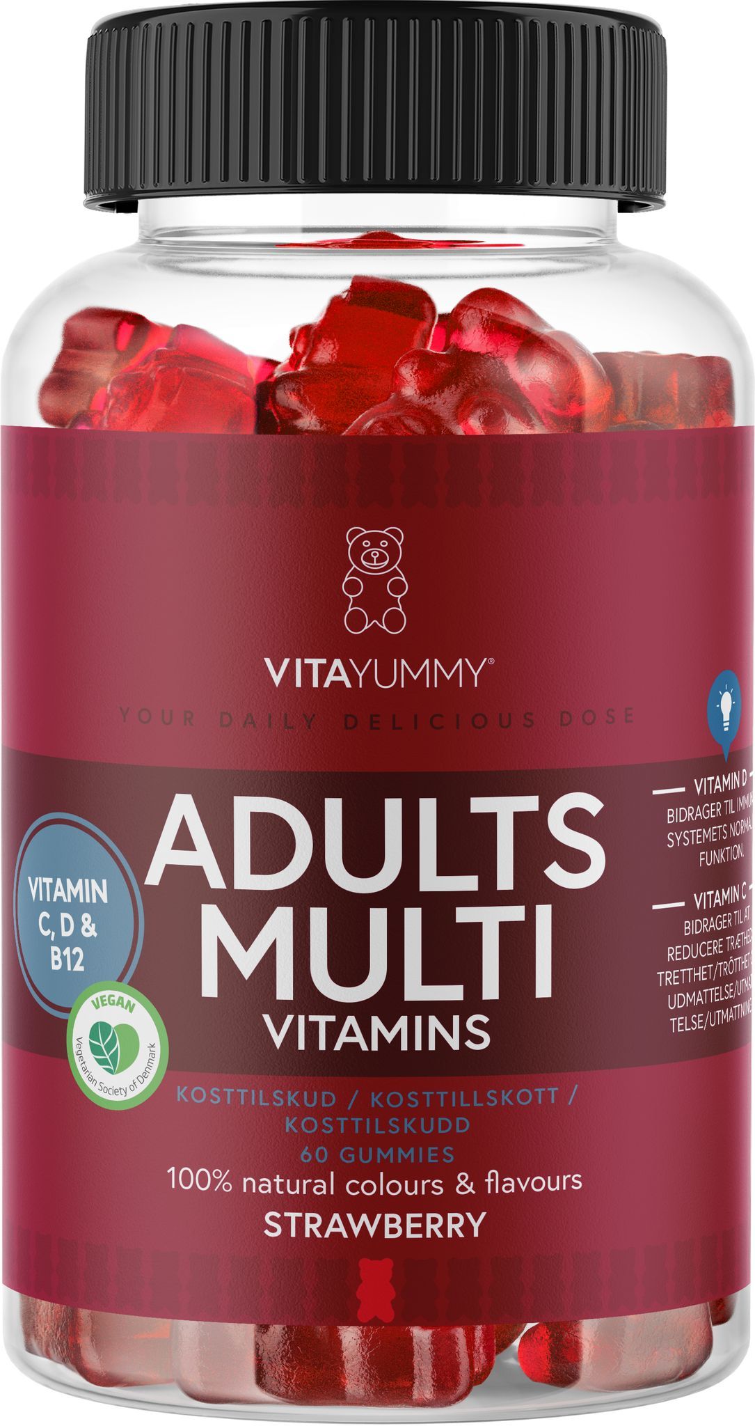 VitaYummy Adults Multivitamins, maku Strawberry; kirkas lieriömäinen muovipullo kiiltäväpinnalla, sisältää punaisia karhunmuotoisia purutabletteja; etiketissä teksti VitaYummy Adults Multi Vitamins, mansikan maku sekä maininnat vitamiineista C, D, B6 ja B12 sekä vegaanisertifioinnista; lihavoitu valkoinen groteskiteksti vaaleanpunaisella pohjalla; ei ihmisiä tai käsiä; kuvattu valkoisella taustalla.