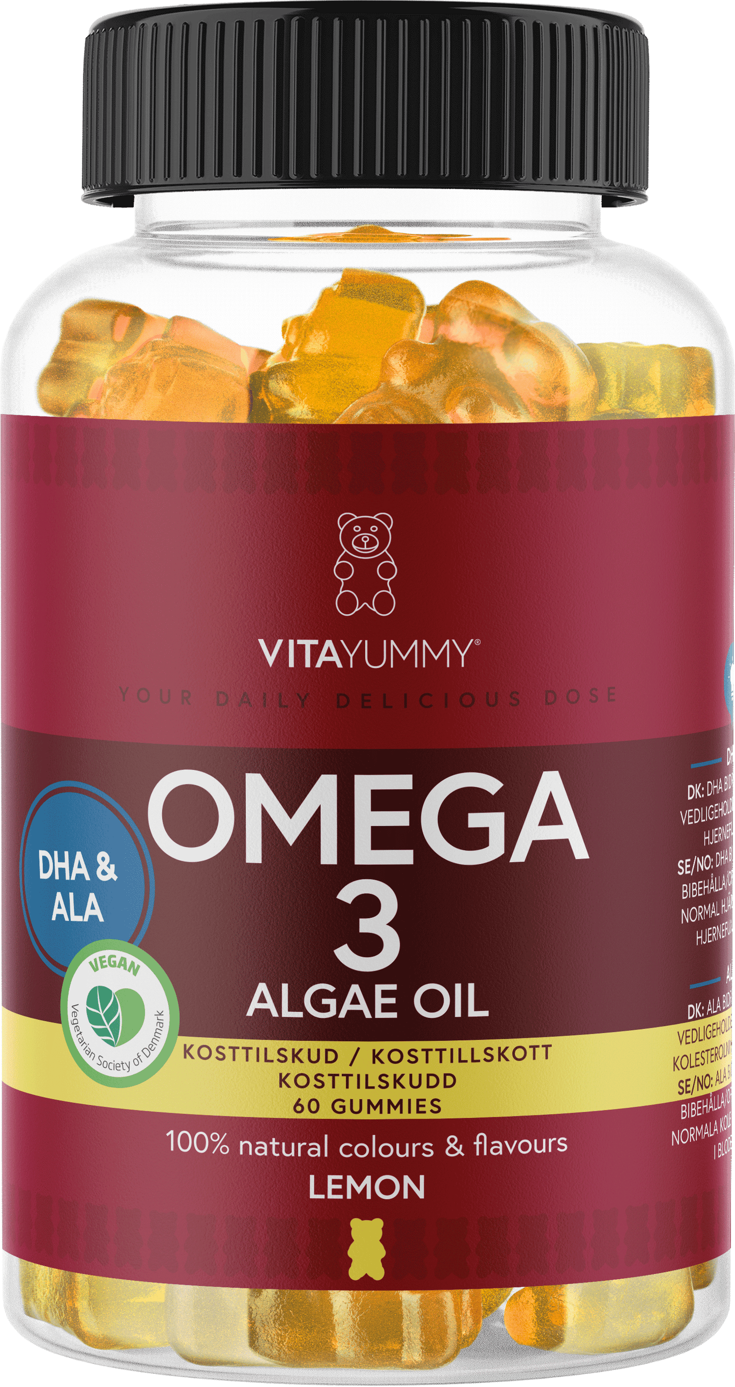 VitaYummy Omega 3, maku Lemon; kirkas pullo levästä valmistettuja Omega 3 -purutabletteja, maku sitruuna, musta muovinen kierrekansi ja suorakaiteen muotoinen puna-keltainen mattaetiketti; lihavoitu groteskiteksti kertoo 60 vegaanisesta kasvipohjaisesta purutabletista; purutabletit näkyvissä pullon läpi; hyvin valaistu tuotekuva vaaleaa taustaa vasten, ei ihmisiä tai rekvisiittaa.