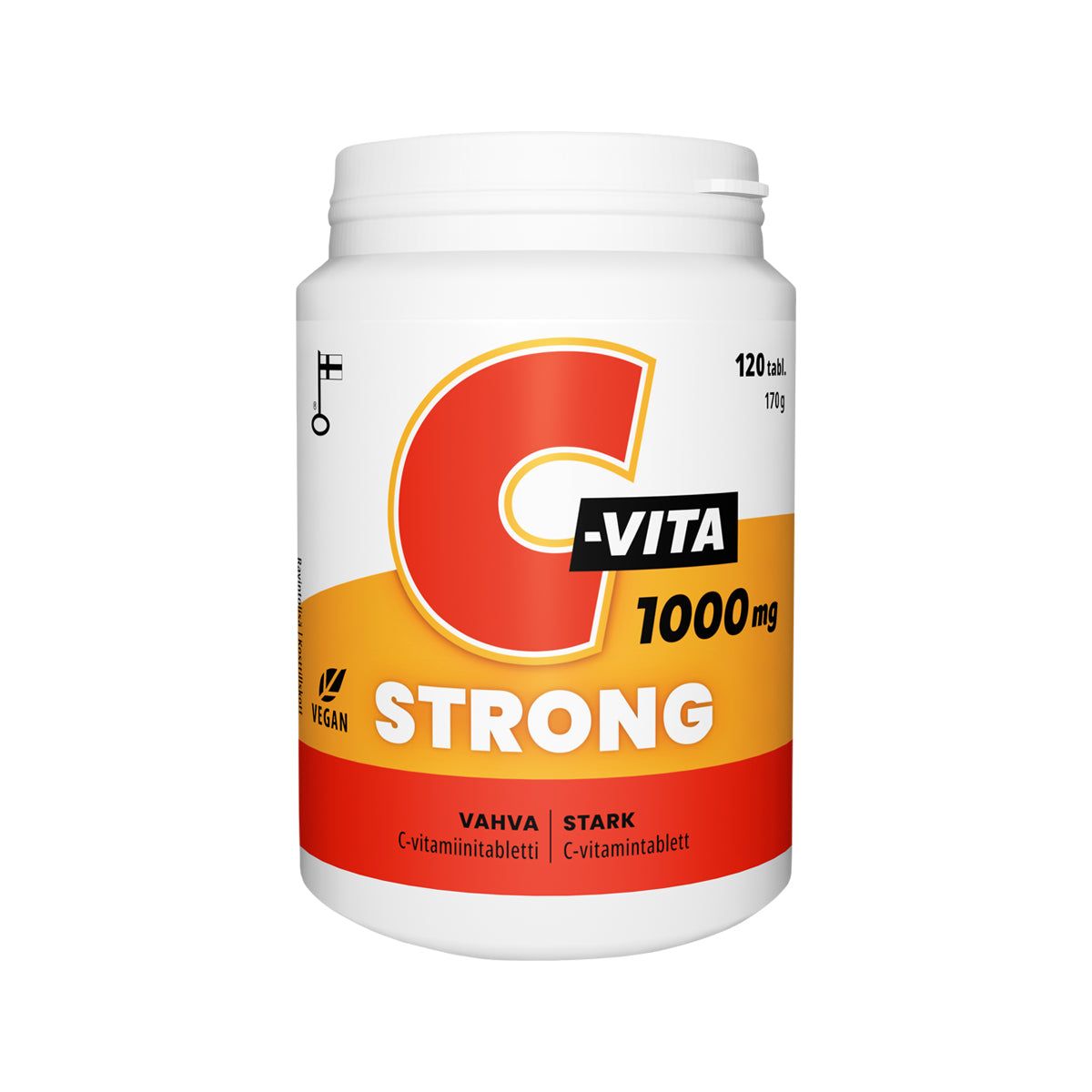 Vitabalans C-Vita Strong 1000 mg; valkoinen C-Vita Strong 1000 mg -tablettipullo oranssin-keltaisella mattaetiketillä, pyöreä kierrekorkki, suorakulmainen muoto; etiketissä vegaanimerkki ja luettavaa tekstiä suomeksi ja ruotsiksi; pääteksti lihavoitua groteskifonttia; sisältää 120 tablettia (170 g); ei ihmisiä tai käsiä; vaalea tausta, tavanomainen tuotekuva.