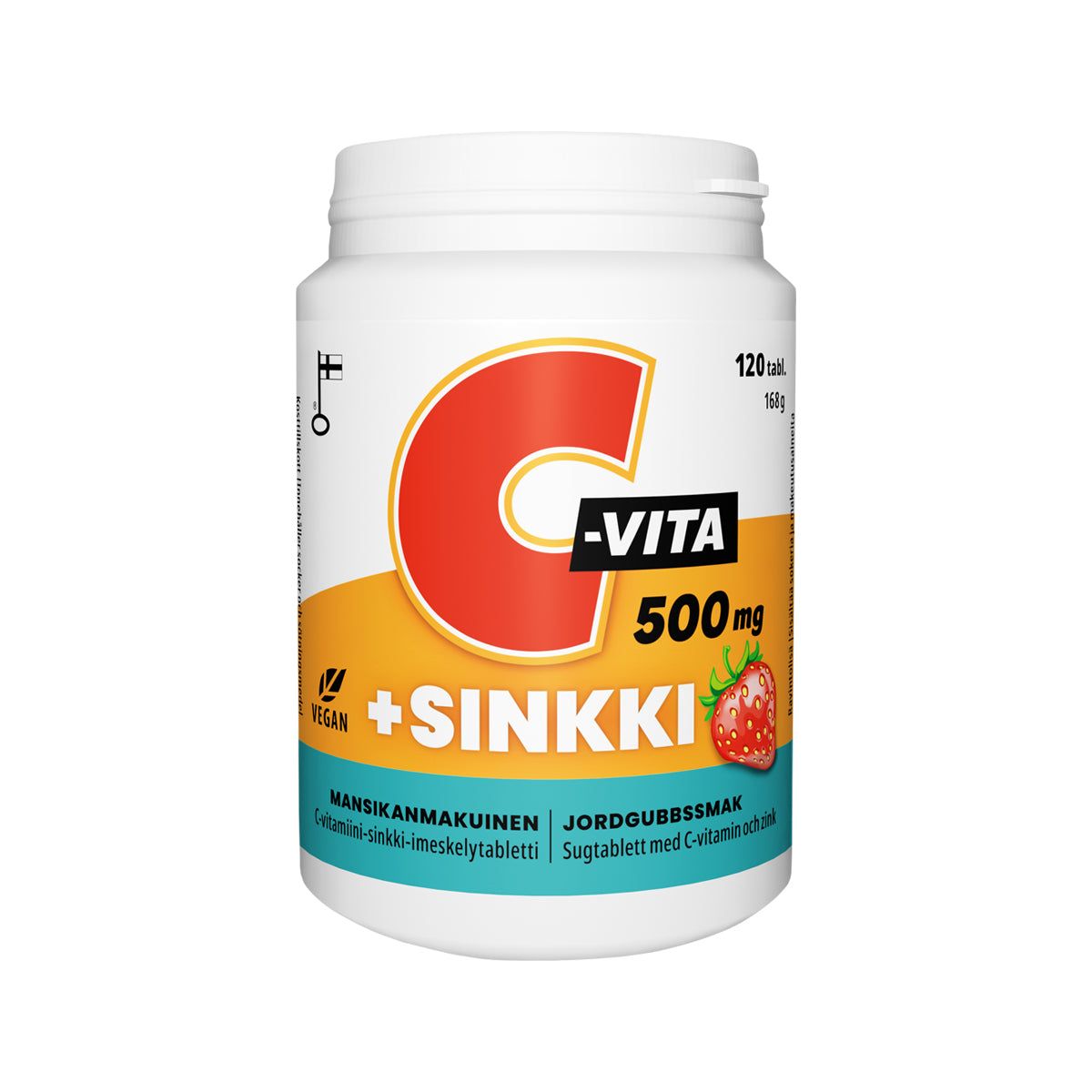 Vitabalans C-vita + Sinkki -purkki, valkoinen sylinterinmuotoinen mattamuovi; "C-Vita 500 mg + Sinkki", mansikanmaku, vegaanimerkki ja mansikkakuva, teksti suomeksi ja ruotsiksi, lihavoitu groteskiteksti