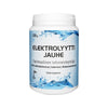A white container labeled ELEKTROLYYTTI JAUHE features blue water splash graphics and Finnish text indicating it is electrolyte powder, 120g, sugar-free, and preservative-free. The container is cylindrical with a matte surface and plastic lid. Text on the label is in bold sans-serif typeface. The background is plain white, no people or hands are present. Studio product shot, front view.