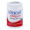 Vitacell Alfalipoiini Strong 250 mg -pullo, 120 tablettia, suomenkielinen teksti, pieni Suomen lipun kuvake; valkoinen mattapintainen muovipullo, alfalipoiinihappo mainittu selkeästi