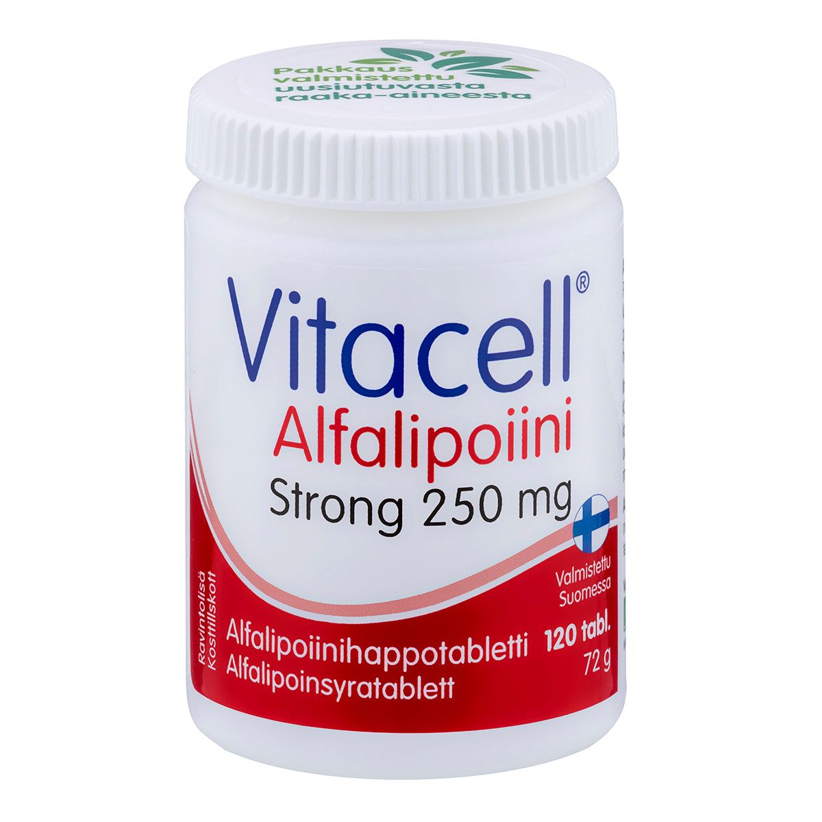 Vitacell Alfalipoiini Strong 250 mg -pullo, 120 tablettia, suomenkielinen teksti, pieni Suomen lipun kuvake; valkoinen mattapintainen muovipullo, alfalipoiinihappo mainittu selkeästi