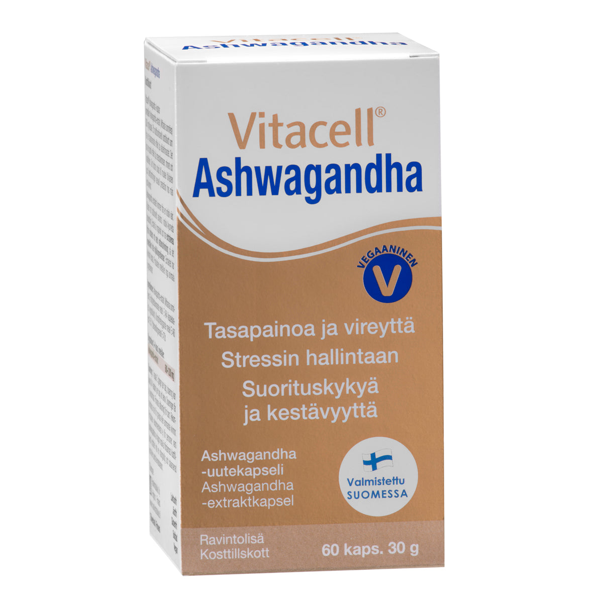 Vitacell Ashwagandha, pakkaus vegaanisille ashwagandha-kapseleille, valmistettu Suomessa, teksti korostaa stressinhallintaa, energiaa ja kestävyyttä; jokaisessa pakkauksessa 60 kapselia (30 g yhteensä); valkoinen suorakulmainen pahvipakkaus vihrein ja harmain korostuksin; groteskifontti lihavoituna ja tavallisena painona; tuotetiedot keskitettynä etusivulle; ei ihmisiä eikä käsiä näkyvissä, kuvattu vaaleaa pintaa vasten.
