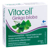 Vitacell Gingko Biloba; laatikko Vitacell Ginkgo biloba -lisäravinnetta, kuvituksena vihreitä ginkgolehtiä, suomenkielistä tekstiä ja sininen aaltokuvio etupuolella; tuote sisältää 60 kapselia ja painaa 22 g; pakkaus on suorakulmainen mattapinnalla, pääväreinä vihreä, valkoinen ja sininen; teksti painettu lihavalla groteskifontilla; kuva näyttää laatikon vaaleaa taustaa vasten, ei ihmisiä tai muita esineitä näkyvissä.