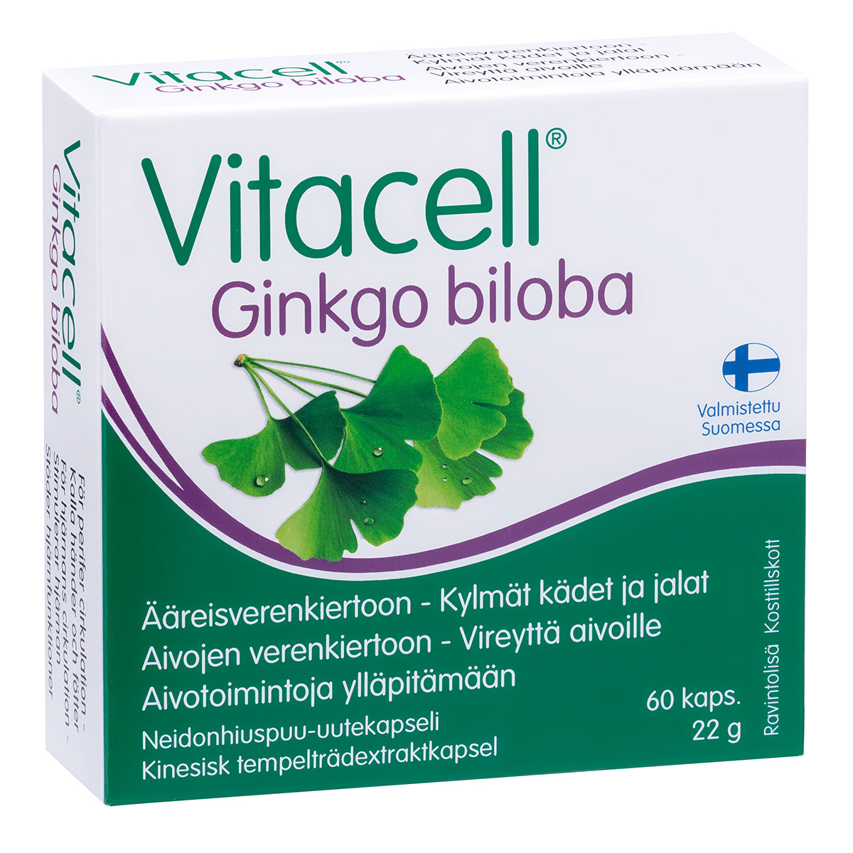 Vitacell Gingko Biloba; laatikko Vitacell Ginkgo biloba -lisäravinnetta, kuvituksena vihreitä ginkgolehtiä, suomenkielistä tekstiä ja sininen aaltokuvio etupuolella; tuote sisältää 60 kapselia ja painaa 22 g; pakkaus on suorakulmainen mattapinnalla, pääväreinä vihreä, valkoinen ja sininen; teksti painettu lihavalla groteskifontilla; kuva näyttää laatikon vaaleaa taustaa vasten, ei ihmisiä tai muita esineitä näkyvissä.