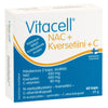 A box of Vitacell NAC + Kversetiini + C supplement, featuring a blue and orange design, with dosage and ingredients listed in Finnish and 60 capsules indicated. The packaging is rectangular cardboard with a matte surface. Most text is printed in bold sans-serif fonts. The front shows the product name prominently. Background is plain white; there are no people or objects present in the image.