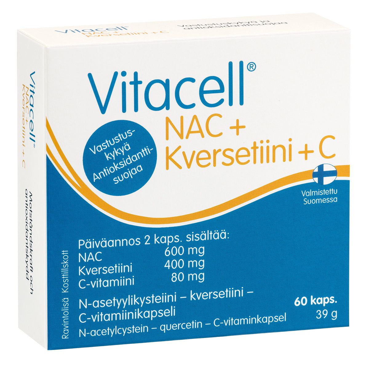 A box of Vitacell NAC + Kversetiini + C supplement, featuring a blue and orange design, with dosage and ingredients listed in Finnish and 60 capsules indicated. The packaging is rectangular cardboard with a matte surface. Most text is printed in bold sans-serif fonts. The front shows the product name prominently. Background is plain white; there are no people or objects present in the image.