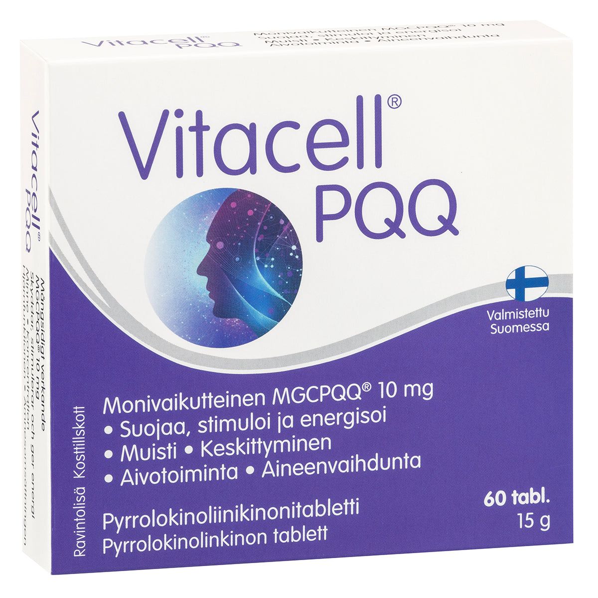 Vitacell PQQ -ravintolisätabletit; suomenkielistä tekstiä, aivokuvitus sekä "Made in Finland" -logo; pakkauksessa 60 tablettia (15 g), monivärisiä korostuksia ja tunnistettava violetti brändiväri; suorakulmainen, kiiltäväpintainen pahvipakkaus, pääväri valkoinen; groteskifontit eri kokoina; vaalea tausta, ei ihmisiä; kuvassa vain pakkauksen etupaneeli.