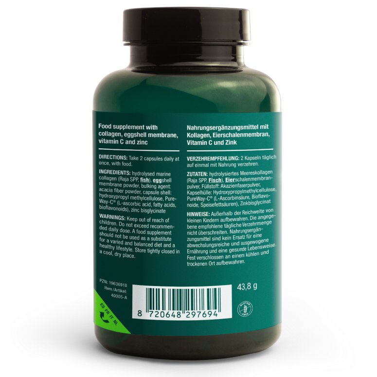 Vitalized Collagen Caps; tummanvihreä pullo, jonka etiketissä ravintosisältötiedot, käyttöohjeet, ainesosat ja varoitukset englanniksi ja saksaksi; etiketti mattapintainen selkeällä valkoisella ja mustalla groteskitekstillä; viivakoodi ja kierrätysmerkinnät painettu etiketin alaosaan; tuote kuvattu pystyssä valkoista taustaa vasten, ei ihmisiä tai käsiä.