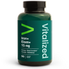 Vitalized Iron+ / Eisen+ 15 mg; tummanvihreä lieriömäinen muovipullo mattapinnalla, tekstillä Vitalized, sisältää 90 kapselia Iron+ Eisen+ 15 mg -ravintolisää; etiketissä englannin- ja saksankielinen teksti modernilla groteskifontilla; neutraali ja tasaisesti valaistu tausta, tuote keskitettynä kuvaan; ei ihmisiä tai käsiä.