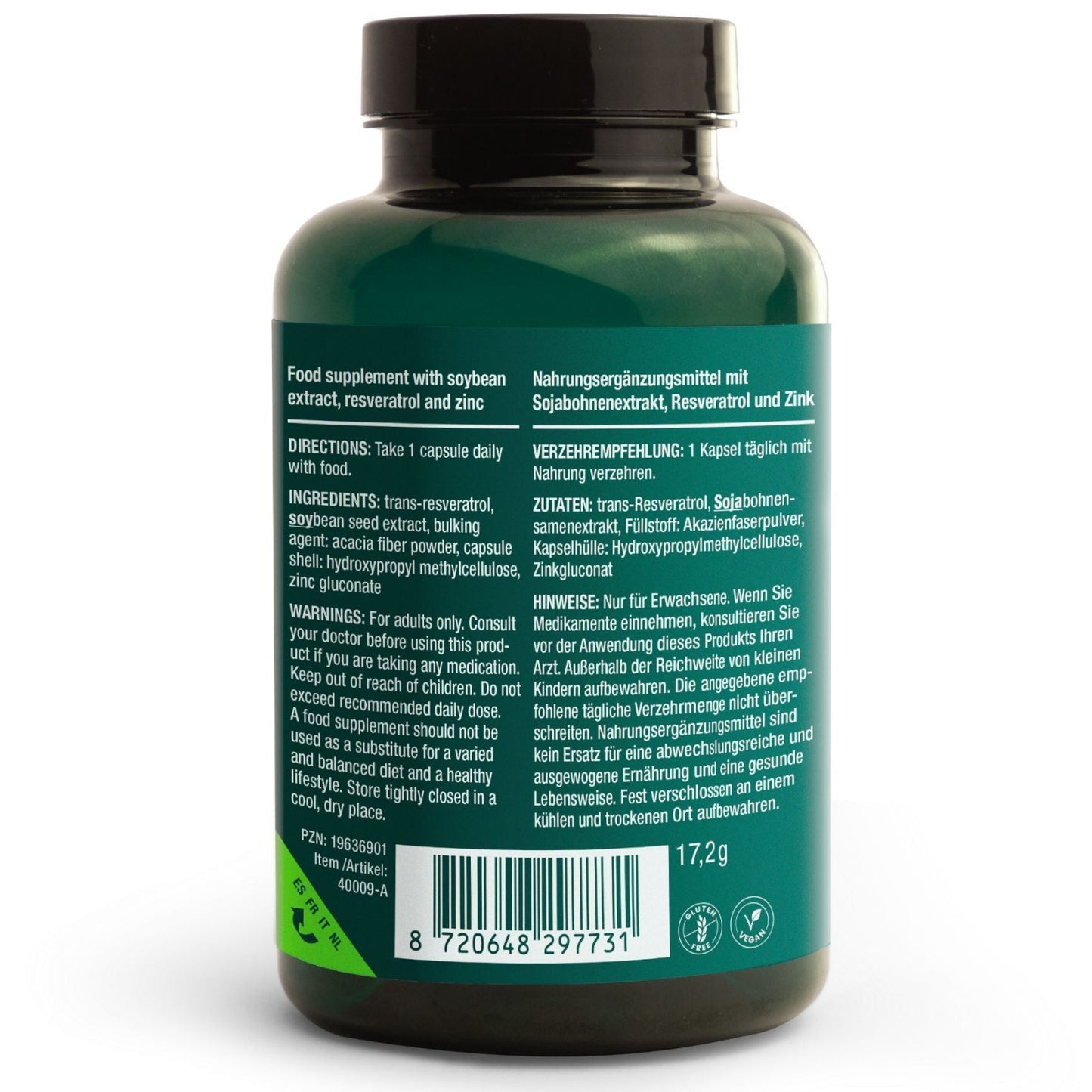 Vitalized Spermidine & Resveratrol; tummanvihreä ravintolisäpullo lieriömäisellä muodolla ja kiiltäväpintaisella muovipinnalla; etiketti valkoinen englannin- ja saksankielisin tekstein selkeällä groteskifontilla, listaa käyttöohjeet, ainesosat ja varoitukset; soijauute, resveratroli ja sinkki lihavoitu; viivakoodi painettu etiketin alareunaan; pullo pystyssä valkoista taustaa vasten.