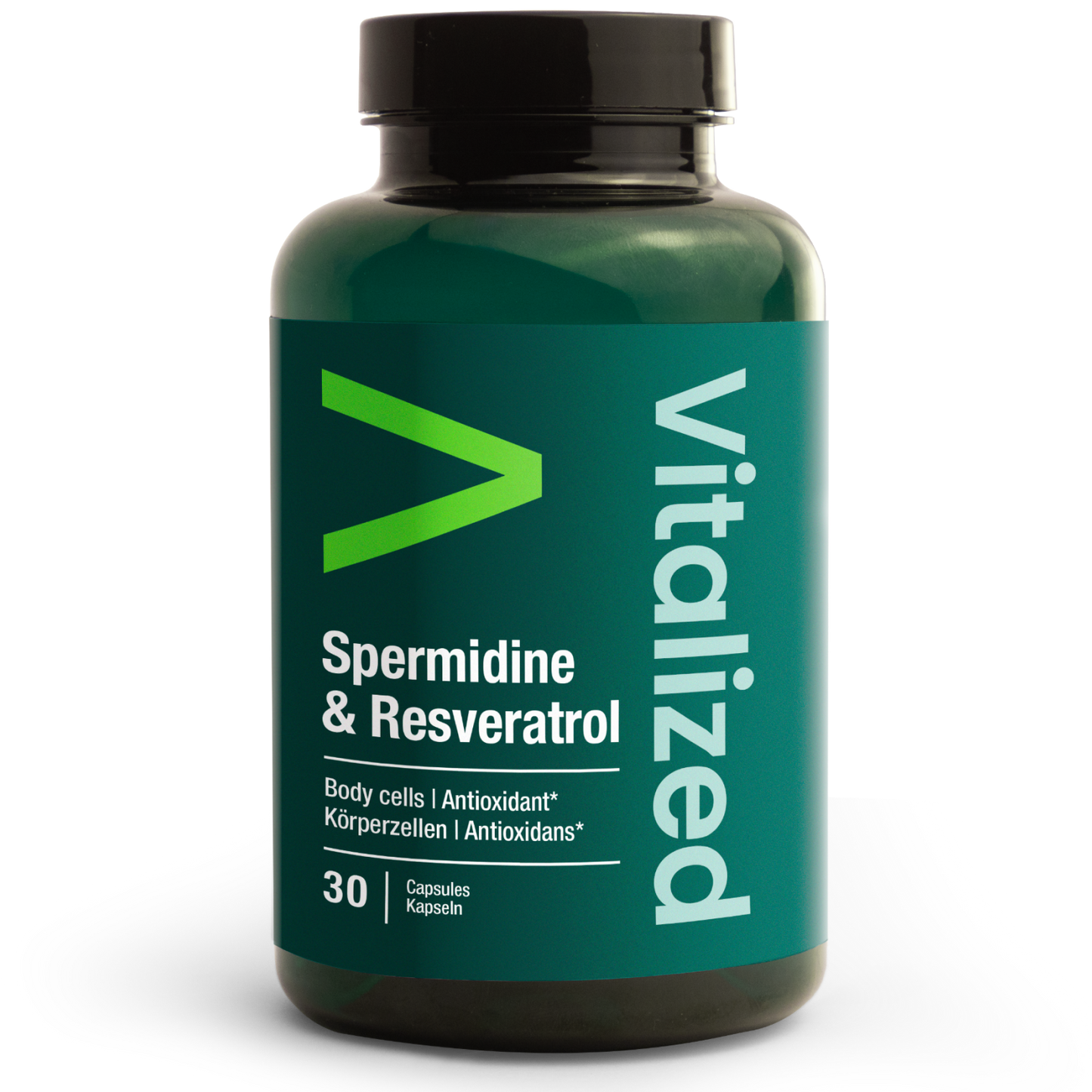 Vitalized Spermidine & Resveratrol; tummanvihreä pullo tekstillä vitalized sisältää Spermidine & Resveratrol -kapseleita, 30 kappaletta, antioksidanttihyötyjä englanniksi ja saksaksi; pullo mattapintainen ja lieriömäinen kierrekannella; etikettitekstissä groteskifontti valkoisena ja kultaisena; tausta valkoinen, ei ihmisiä tai käsiä kuvassa.