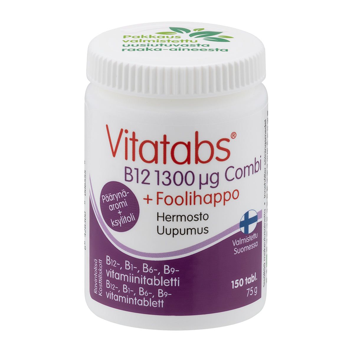 A bottle of Vitatabs B12 1300 µg Combi + Folic Acid tablets, featuring Finnish text, a pear flavor label, and a blue Finnish quality symbol. White plastic cylindrical bottle with a matte label and secure white cap; product details and numbers in bold sans-serif font; blue, green, and yellow accents. The background is plain white. The bottle contains 150 tablets and is ideal for supporting your daily vitamin needs.