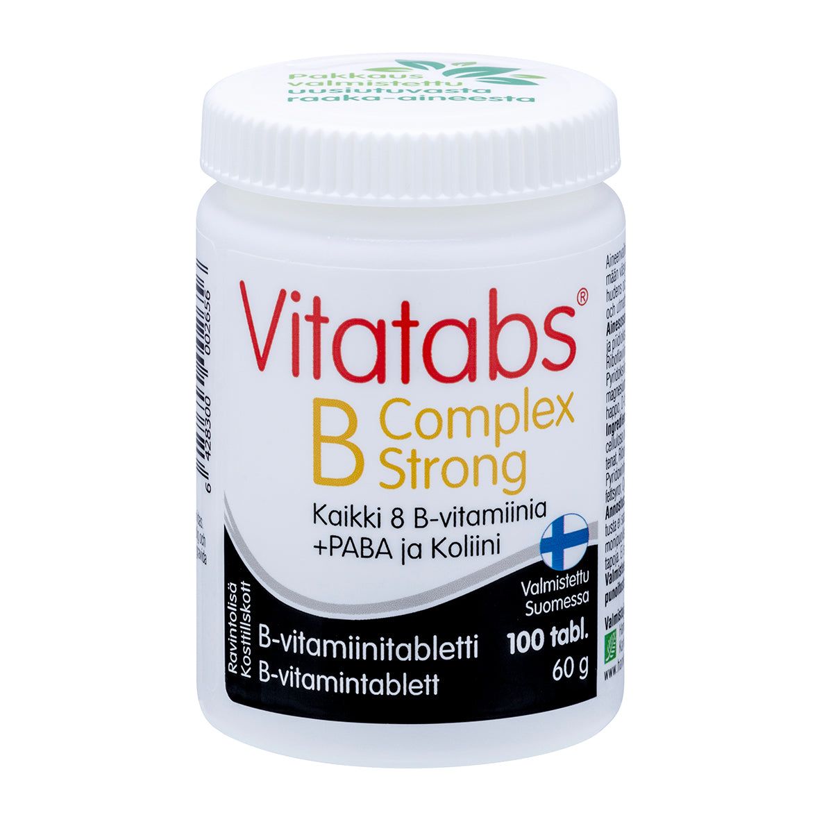 Vitatabs B-Complex Strong -pullo, valkoinen mattamuovi, sininen-musta groteskiteksti suomeksi, sininen Suomen lippu -symboli; sisältää kaikki 8 B-vitamiinia sekä koliinia ja PABA:a, 100 tablettia
