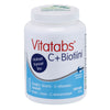 A white plastic bottle labeled Vitatabs C+Biotiini with blue and red printed text, containing 200 tablets. The label includes Finnish text, a blue cross symbol, and notes biotin benefits for hair, nails, and skin. Bottle has a matte surface and cylindrical shape. Font styles are bold sans-serif. No people or background objects visible; photographed against plain white.