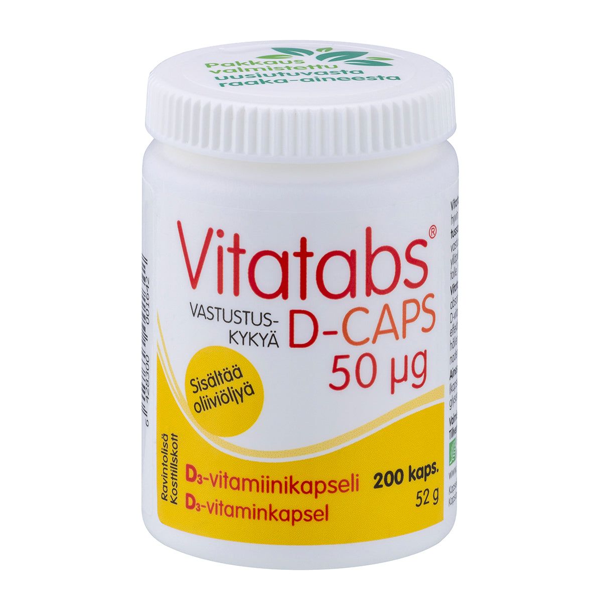 Vitatabs D-Caps 50 mikrog -purkki, 200 kapselia (52 g); valkoinen, mattapintainen ja sylinterimäinen muovipullo tekstuurisella valkoisella kierrekorkilla; etiketissä punaista ja keltaista lihavoitua suomenkielistä tekstausvapaata tekstiä sekä keltainen ympyrä tekstillä "Sisältää oliiviöljyä"; kuvattu yksiväristä taustaa vasten ilman ihmisiä tai käsiä.